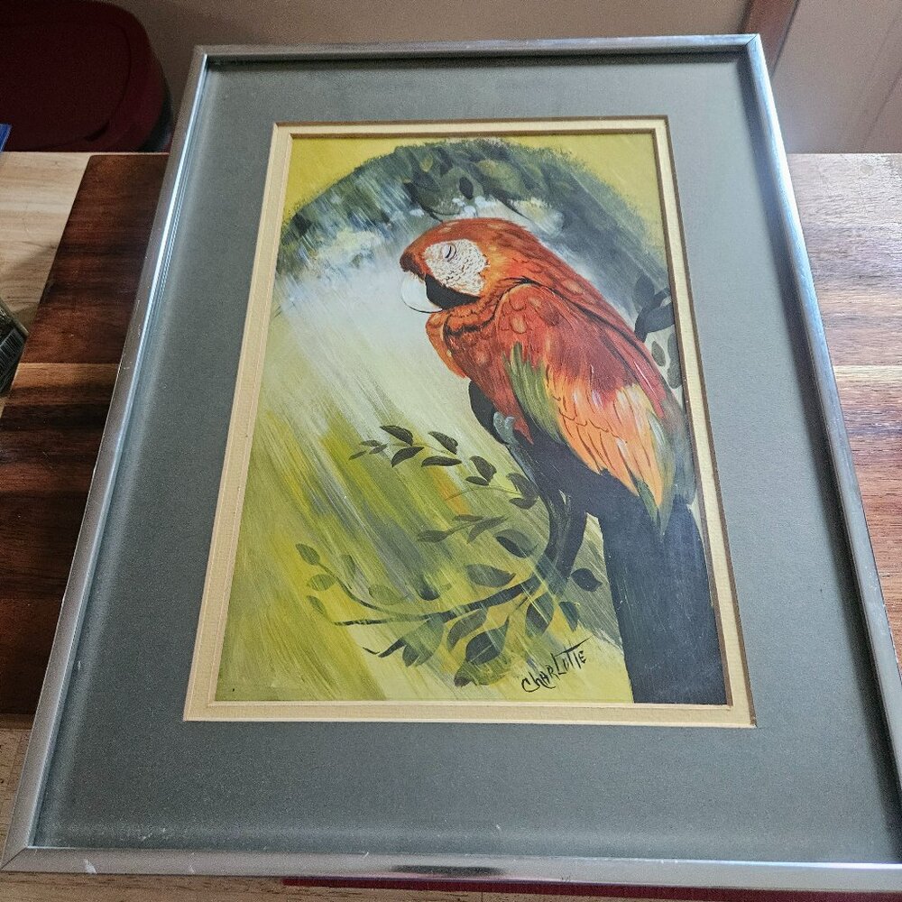 painting of a macaw perched on a branch vibrant orange yellow signed Charlotte